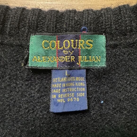 VTG 90s Alexander Julian Colours Shetland Wool Sweater Vest Sz L Black Geometric - Picture 3 of 6